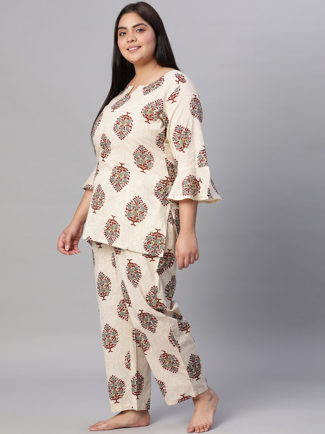 Women Cream Printed Straight Night Dress | LASVINI - Redefining Indian Fashion with Elegance