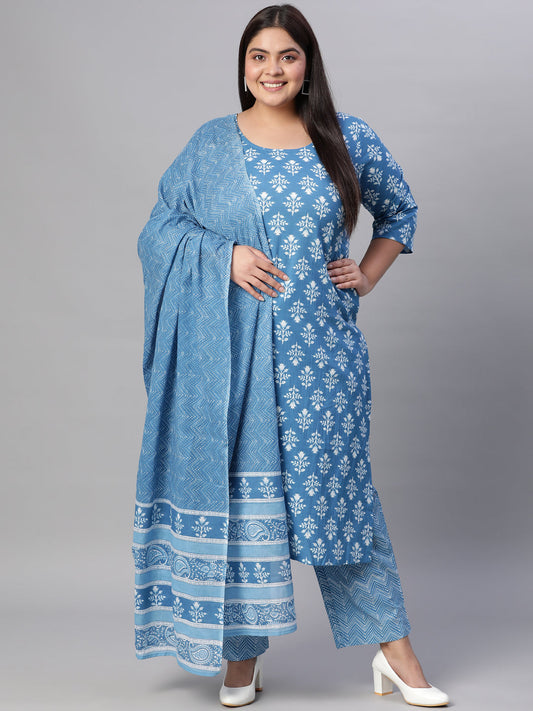 Women Blue Printed Straight Kurta With Plazo & Dupatta | LASVINI - Redefining Indian Fashion with Elegance