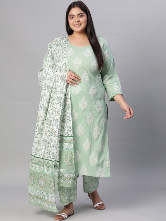 Women Green Printed Straight Kurta With Plazo & Dupatta | LASVINI - Redefining Indian Fashion with Elegance