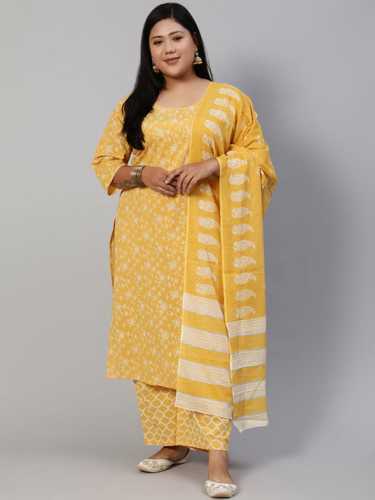 Women Yellow & Glitter Printed Straight Kurta With Plazo & Dupatta | LASVINI - Redefining Indian Fashion with Elegance
