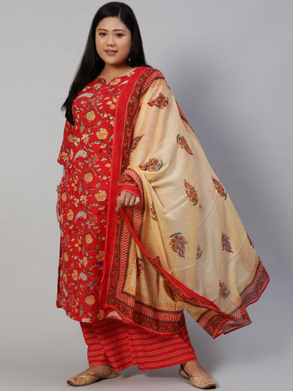 Women Red Printed Straight Kurta With Plazo & Dupatta | LASVINI - Redefining Indian Fashion with Elegance