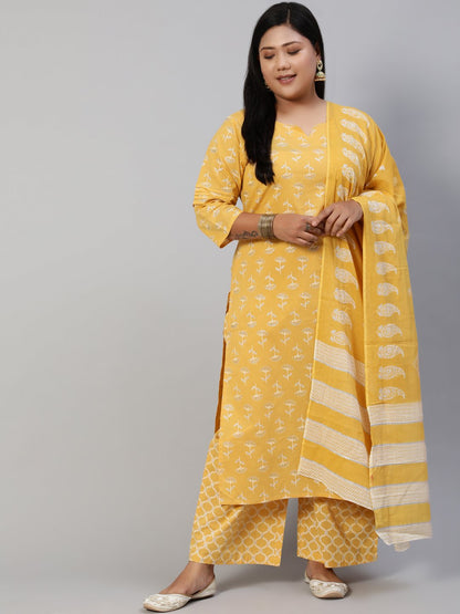 Women Yellow & Glitter Printed Straight Kurta With Plazo & Dupatta | LASVINI - Redefining Indian Fashion with Elegance
