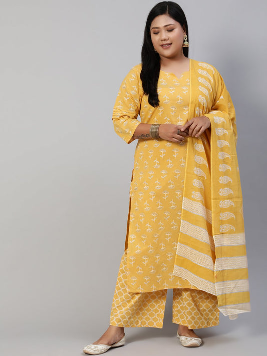 Women Yellow & Glitter Printed Straight Kurta With Plazo & Dupatta | LASVINI - Redefining Indian Fashion with Elegance
