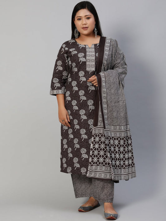 Women Dark Grey Printed Straight Kurta With Plazo & Dupatta | LASVINI - Redefining Indian Fashion with Elegance