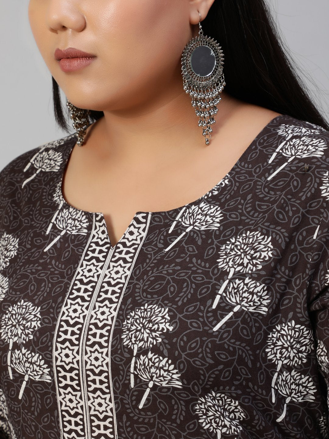 Women Dark Grey Printed Straight Kurta With Plazo & Dupatta | LASVINI - Redefining Indian Fashion with Elegance