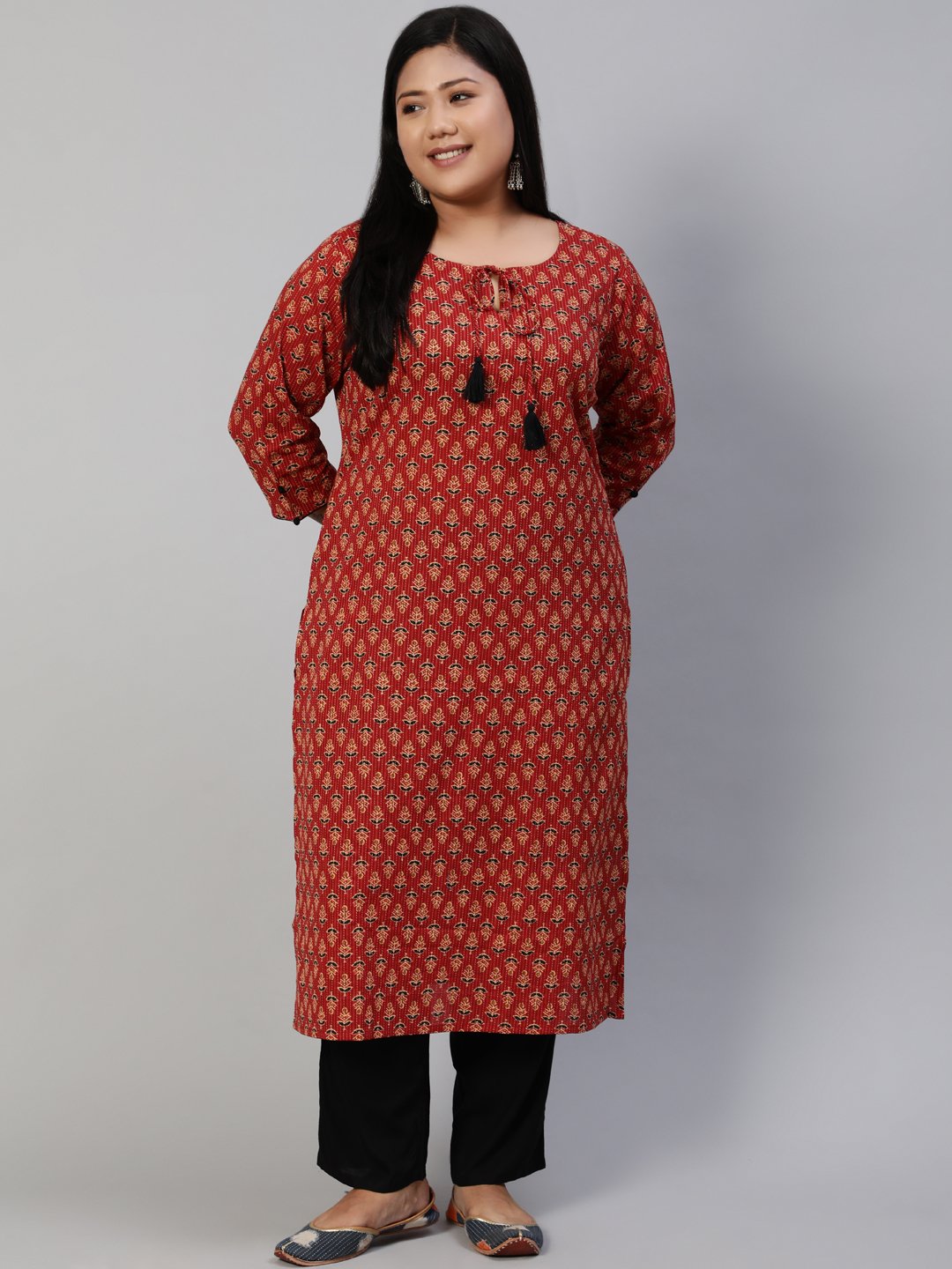 Women Red Kantha Printed Straight Kurta With Three Quarter Sleeves | LASVINI - Redefining Indian Fashion with Elegance
