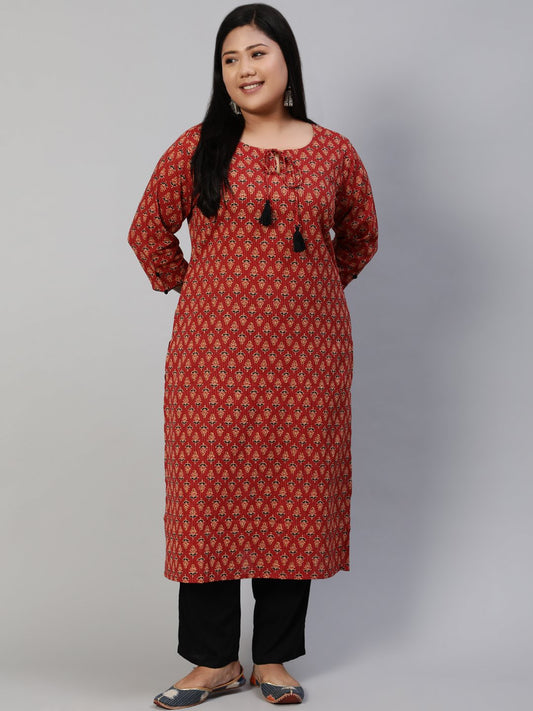 Women Red Kantha Printed Straight Kurta With Three Quarter Sleeves | LASVINI - Redefining Indian Fashion with Elegance