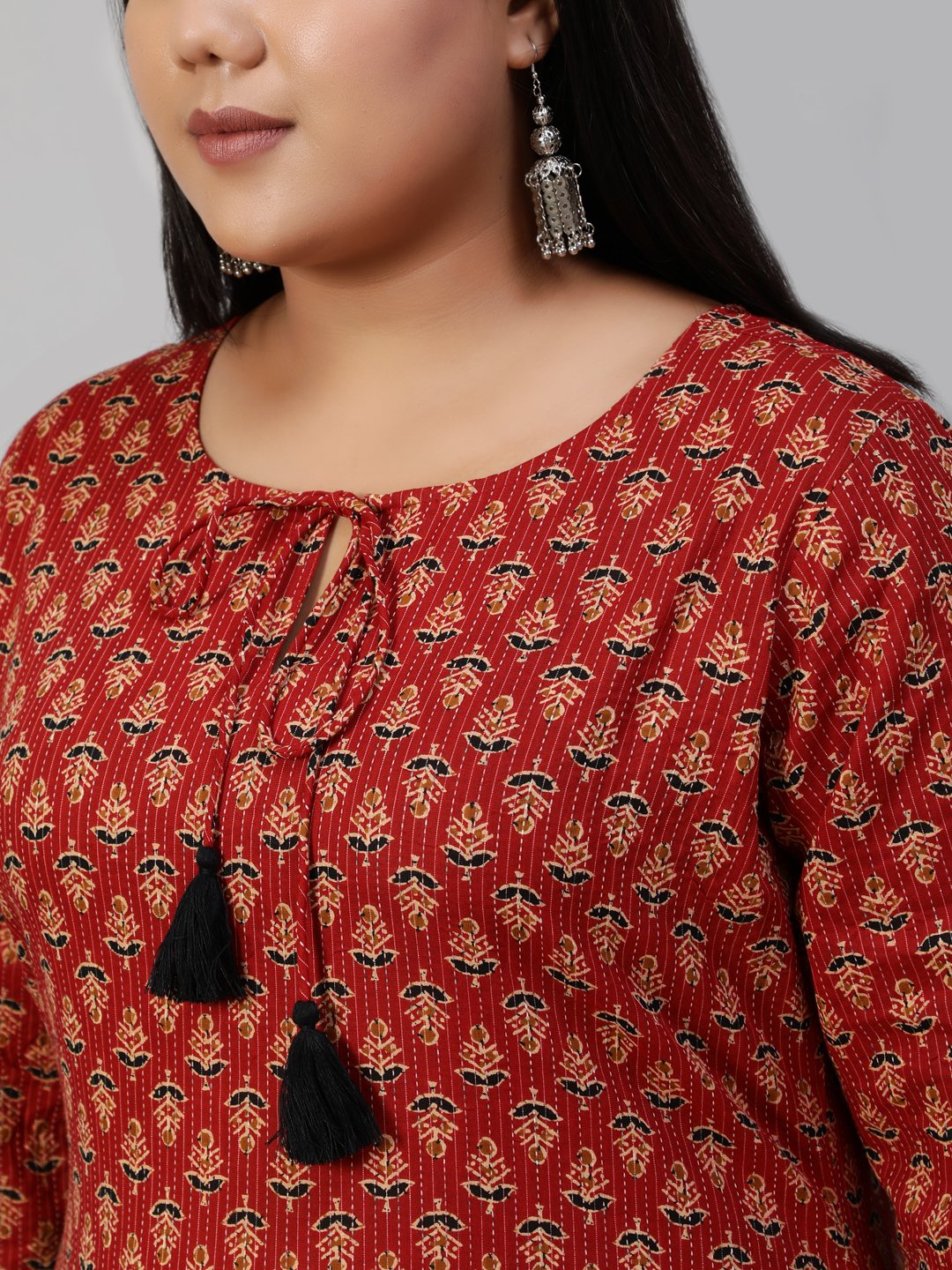 Women Red Kantha Printed Straight Kurta With Three Quarter Sleeves | LASVINI - Redefining Indian Fashion with Elegance