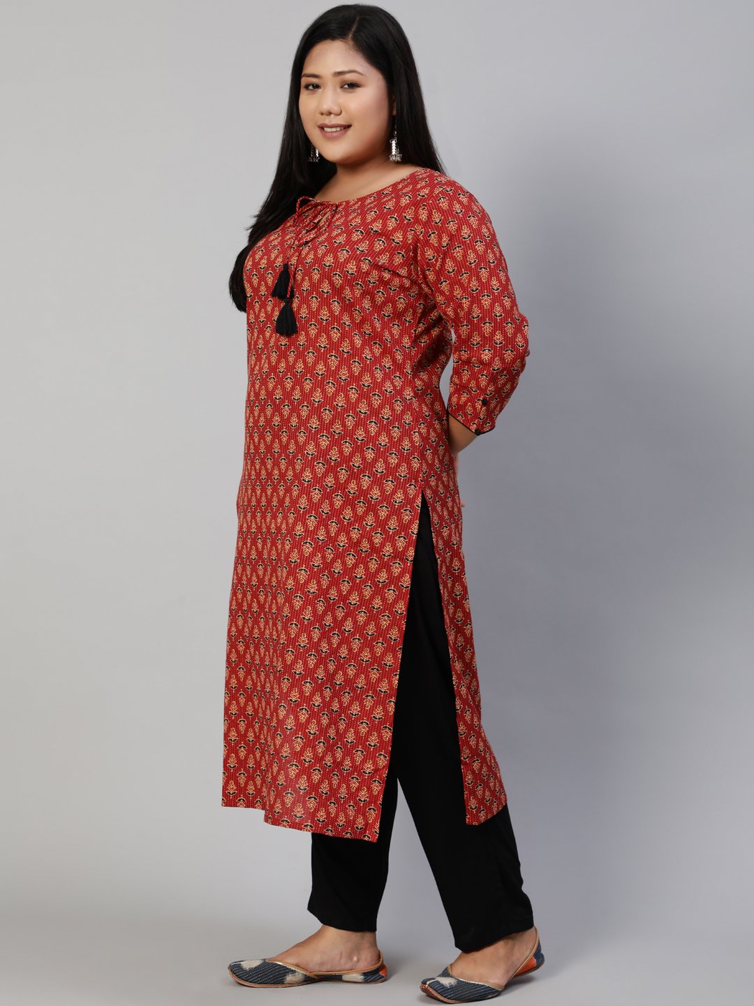 Women Red Kantha Printed Straight Kurta With Three Quarter Sleeves | LASVINI - Redefining Indian Fashion with Elegance