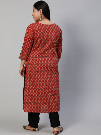 Women Red Kantha Printed Straight Kurta With Three Quarter Sleeves | LASVINI - Redefining Indian Fashion with Elegance