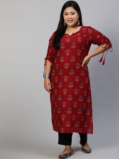 Women Maroon Printed Straight Kurta With Three Quarter Sleeves | LASVINI - Redefining Indian Fashion with Elegance