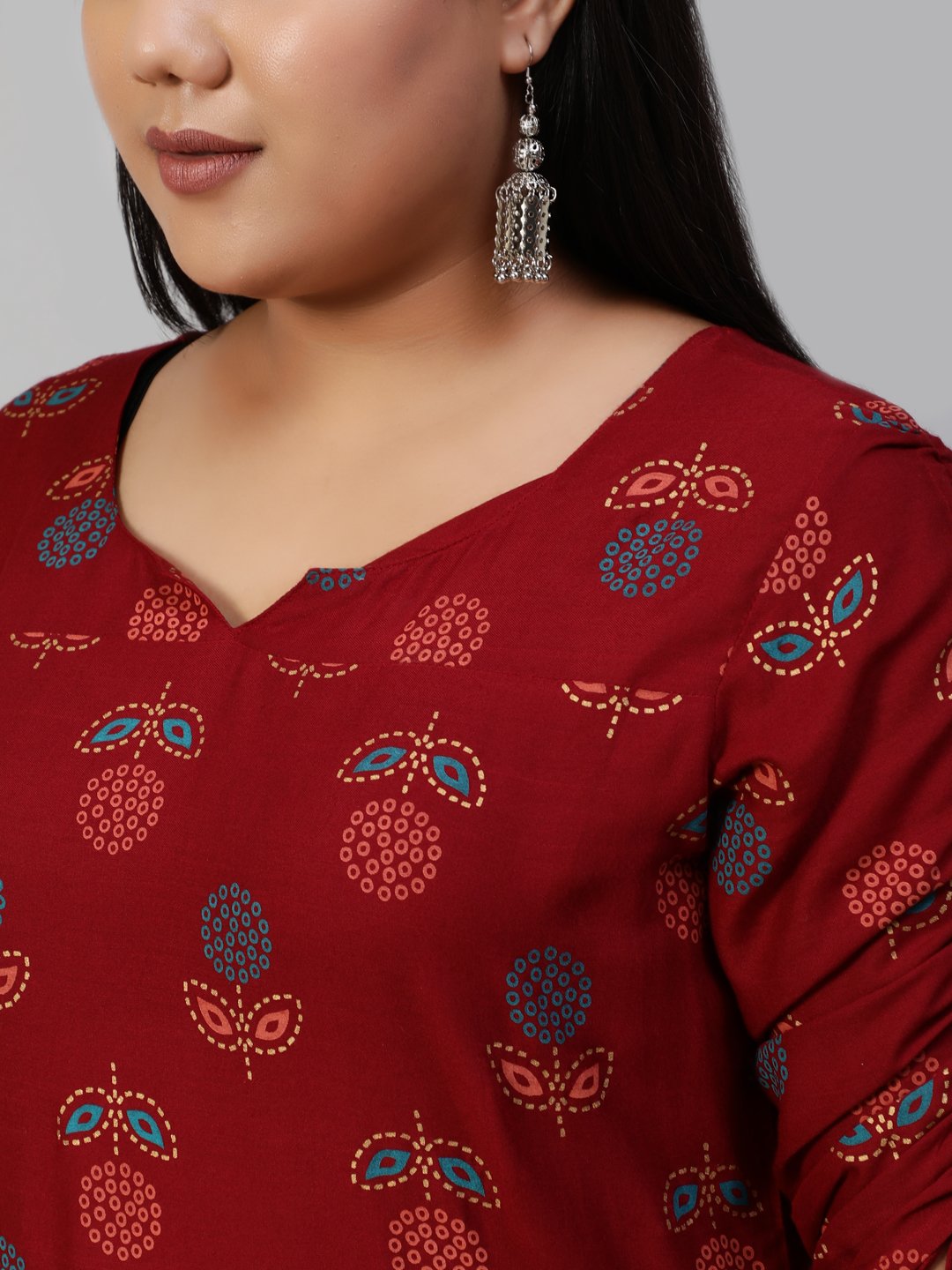 Women Maroon Printed Straight Kurta With Three Quarter Sleeves | LASVINI - Redefining Indian Fashion with Elegance