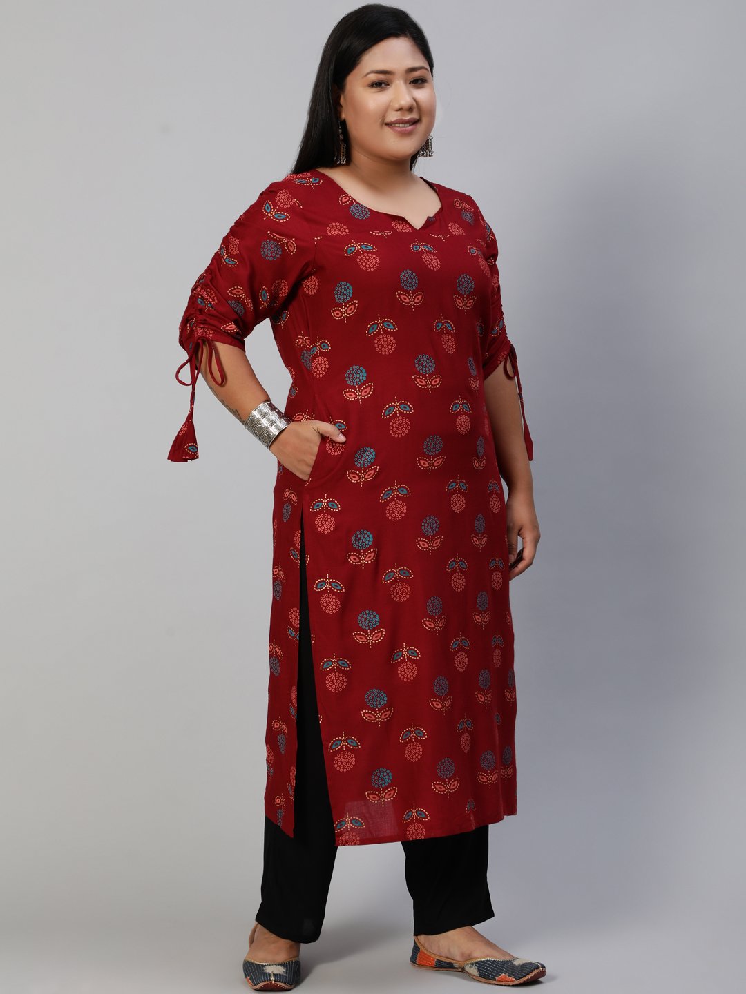 Women Maroon Printed Straight Kurta With Three Quarter Sleeves | LASVINI - Redefining Indian Fashion with Elegance