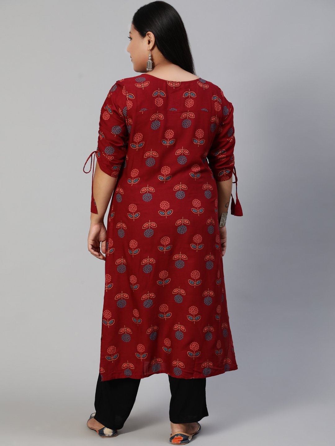 Women Maroon Printed Straight Kurta With Three Quarter Sleeves | LASVINI - Redefining Indian Fashion with Elegance