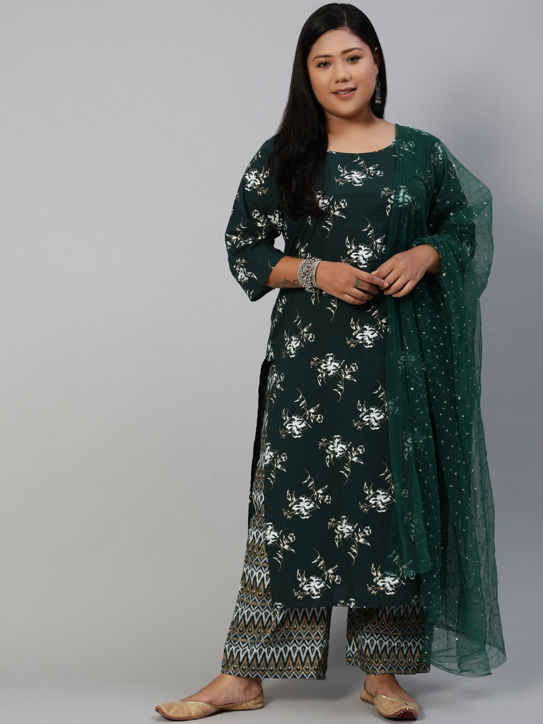 Women Green & Gold Printed Straight Kurta With Plazo & Dupatta | LASVINI - Redefining Indian Fashion with Elegance