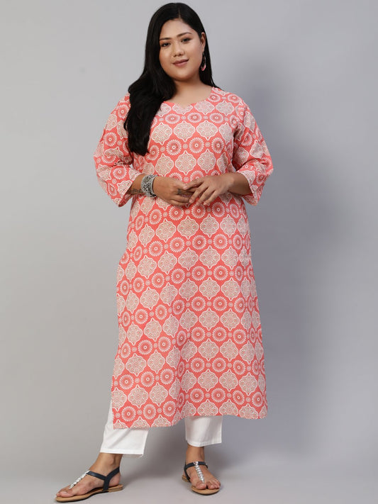 Women Pink Hand Work Printed Straight Kurta With Three Quarter Sleeves | LASVINI - Redefining Indian Fashion with Elegance