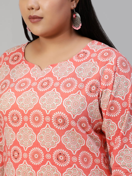 Women Pink Hand Work Printed Straight Kurta With Three Quarter Sleeves | LASVINI - Redefining Indian Fashion with Elegance