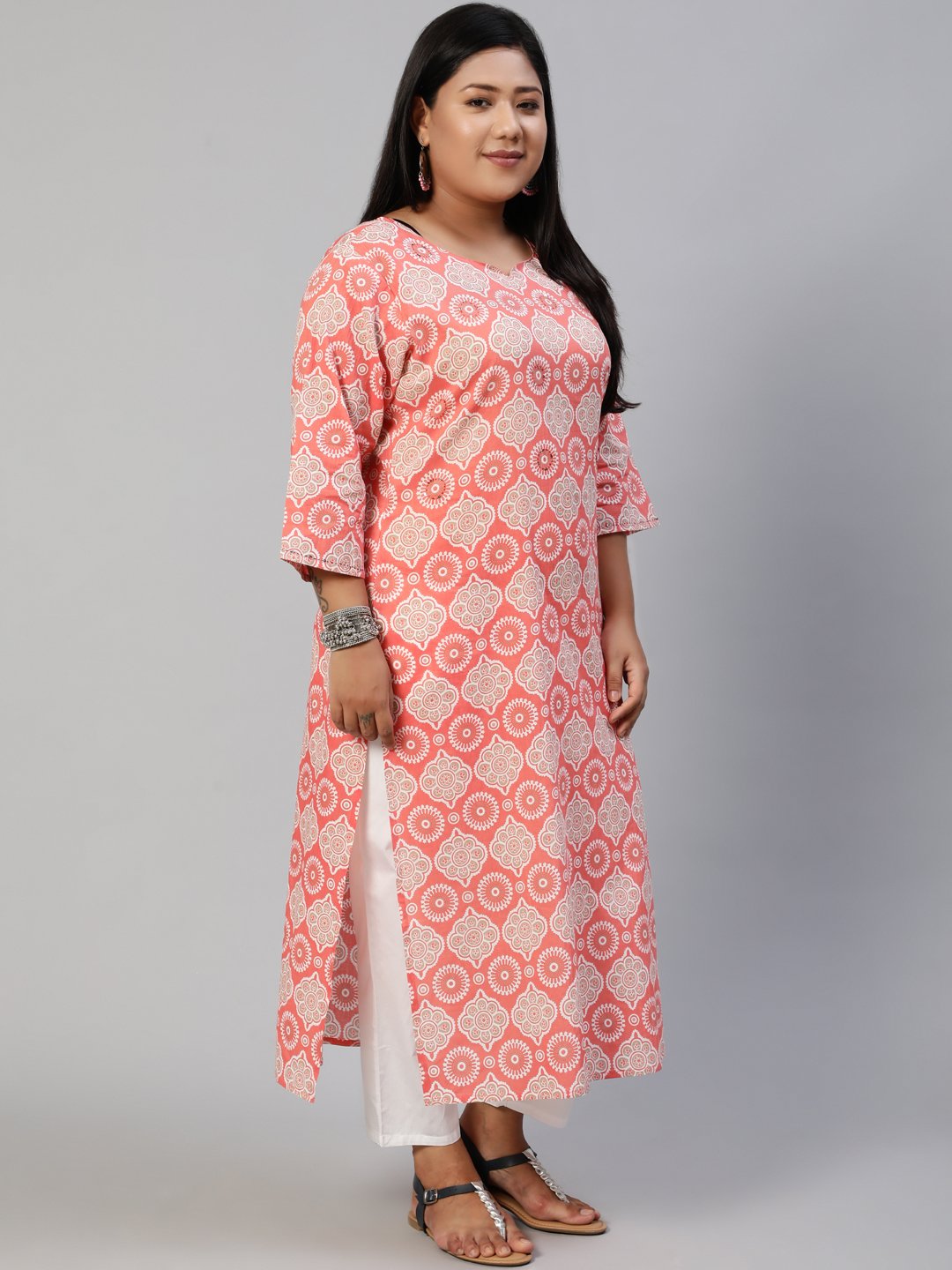 Women Pink Hand Work Printed Straight Kurta With Three Quarter Sleeves | LASVINI - Redefining Indian Fashion with Elegance