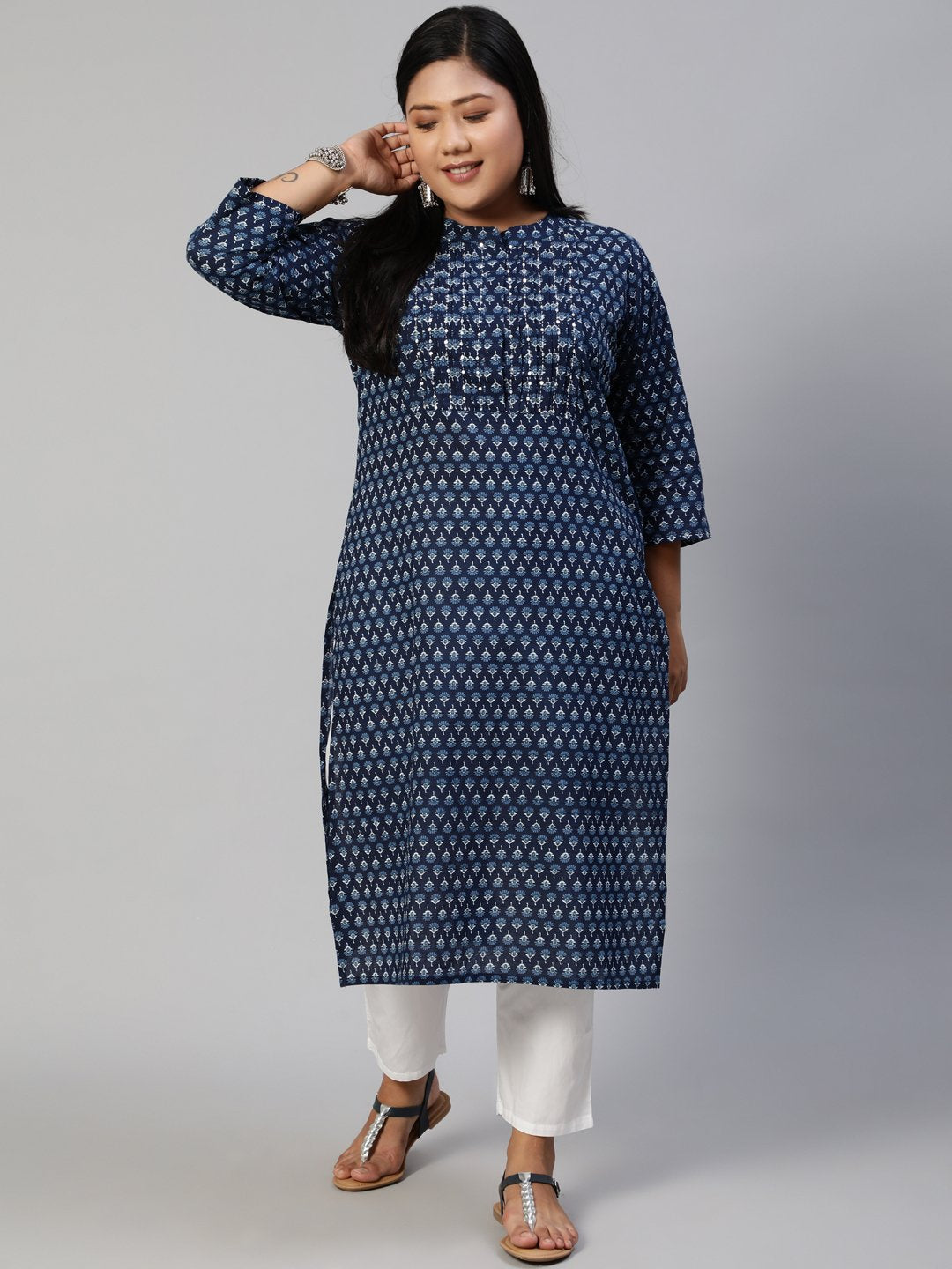 Women Blue Hand Work Printed Straight Kurta With Three Quarter Sleeves | LASVINI - Redefining Indian Fashion with Elegance