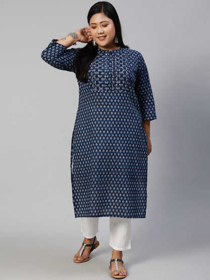 Women Blue Hand Work Printed Straight Kurta With Three Quarter Sleeves | LASVINI - Redefining Indian Fashion with Elegance