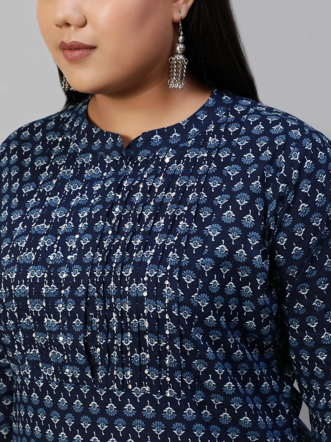 Women Blue Hand Work Printed Straight Kurta With Three Quarter Sleeves | LASVINI - Redefining Indian Fashion with Elegance