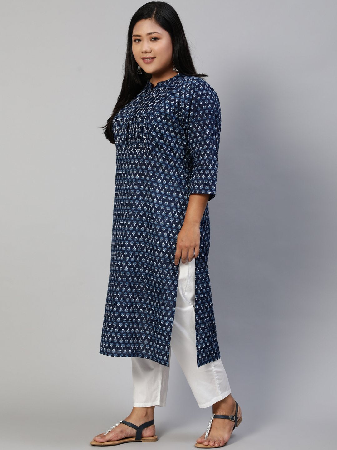 Women Blue Hand Work Printed Straight Kurta With Three Quarter Sleeves | LASVINI - Redefining Indian Fashion with Elegance