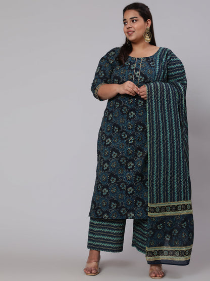 Women Plus Size Blue Floral Printed Kurta And Palazzo With Dupatta | LASVINI - Redefining Indian Fashion with Elegance