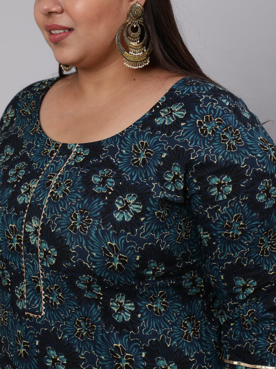 Women Plus Size Blue Floral Printed Kurta And Palazzo With Dupatta | LASVINI - Redefining Indian Fashion with Elegance