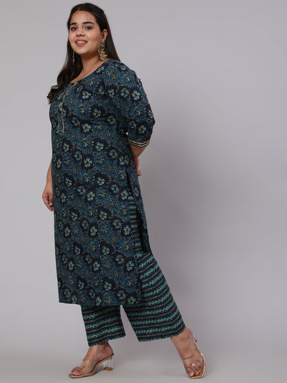 Women Plus Size Blue Floral Printed Kurta And Palazzo With Dupatta | LASVINI - Redefining Indian Fashion with Elegance