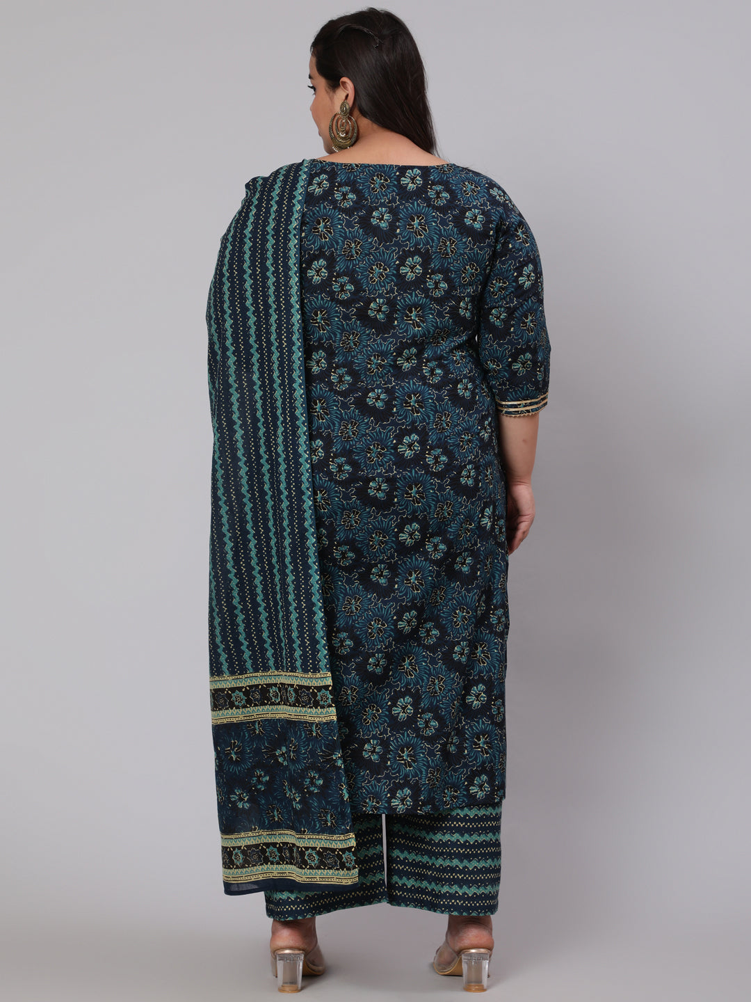 Women Plus Size Blue Floral Printed Kurta And Palazzo With Dupatta | LASVINI - Redefining Indian Fashion with Elegance