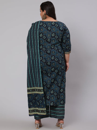 Women Plus Size Blue Floral Printed Kurta And Palazzo With Dupatta | LASVINI - Redefining Indian Fashion with Elegance