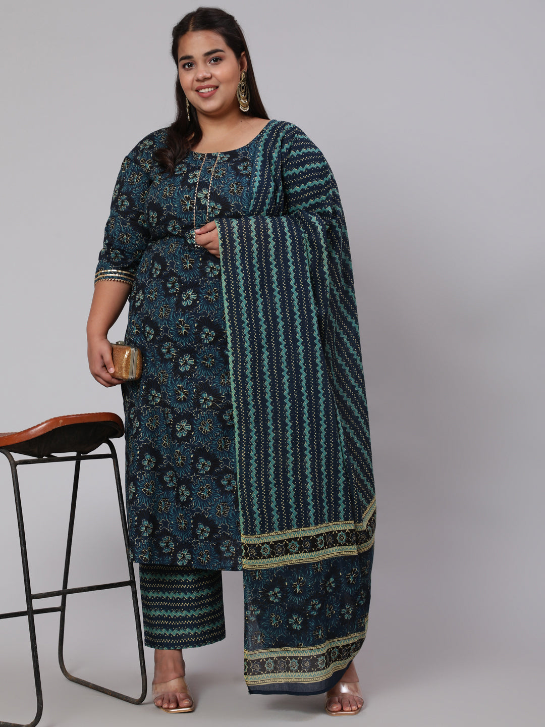 Women Plus Size Blue Floral Printed Kurta And Palazzo With Dupatta | LASVINI - Redefining Indian Fashion with Elegance
