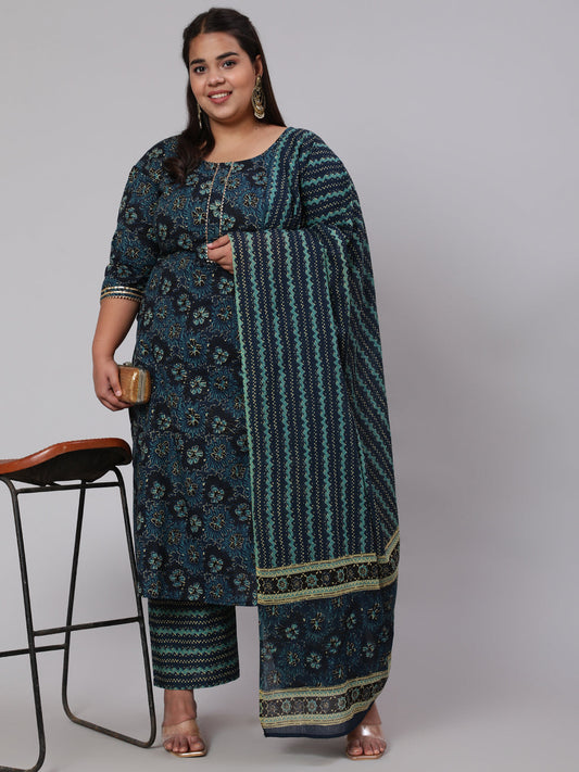 Women Plus Size Blue Floral Printed Kurta And Palazzo With Dupatta | LASVINI - Redefining Indian Fashion with Elegance