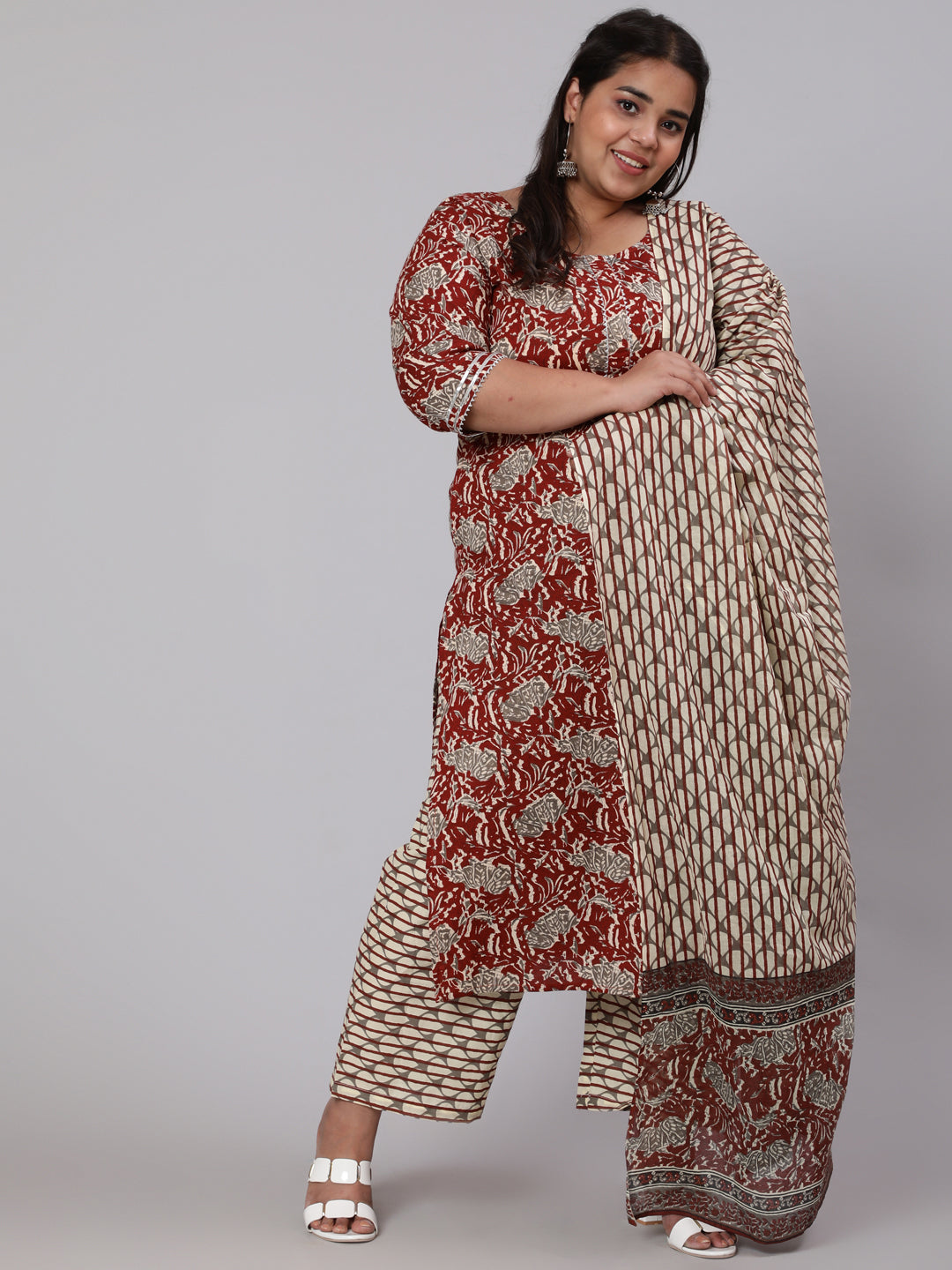 Women Plus Size  Maroon Ethnic Printed Kurta And Palazzo With Dupatta | LASVINI - Redefining Indian Fashion with Elegance