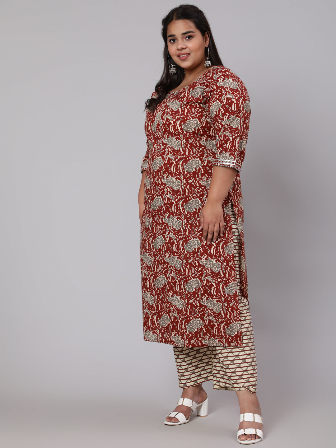 Women Plus Size  Maroon Ethnic Printed Kurta And Palazzo With Dupatta | LASVINI - Redefining Indian Fashion with Elegance