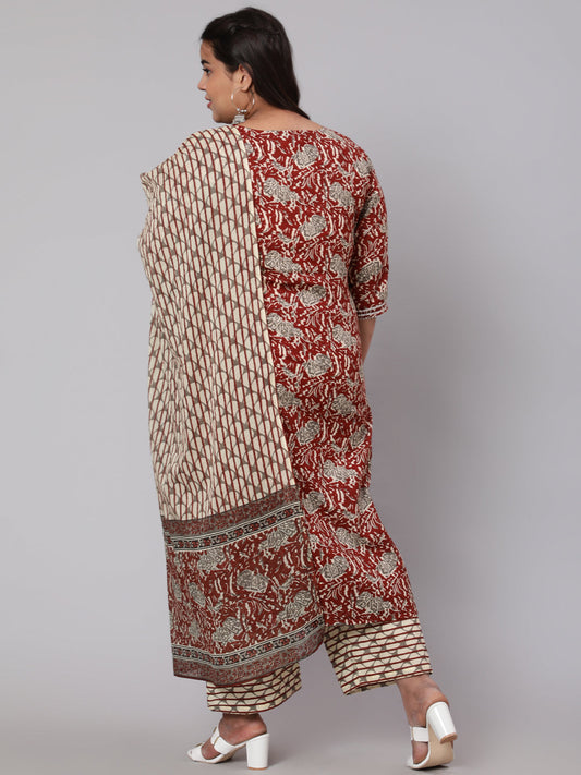 Women Plus Size  Maroon Ethnic Printed Kurta And Palazzo With Dupatta | LASVINI - Redefining Indian Fashion with Elegance