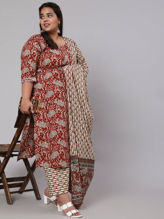 Women Plus Size  Maroon Ethnic Printed Kurta And Palazzo With Dupatta | LASVINI - Redefining Indian Fashion with Elegance