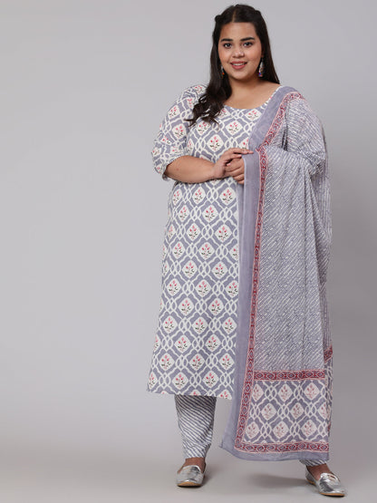 Women Plus Size Grey Ethnic Printed Kurta And Palazzo With Dupatta | LASVINI - Redefining Indian Fashion with Elegance