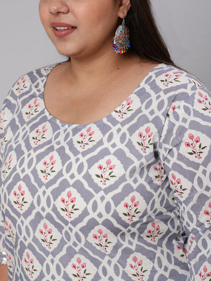 Women Plus Size Grey Ethnic Printed Kurta And Palazzo With Dupatta | LASVINI - Redefining Indian Fashion with Elegance