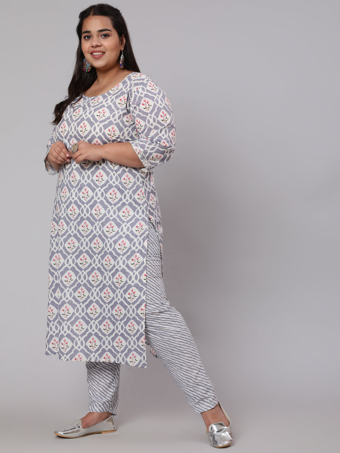 Women Plus Size Grey Ethnic Printed Kurta And Palazzo With Dupatta | LASVINI - Redefining Indian Fashion with Elegance