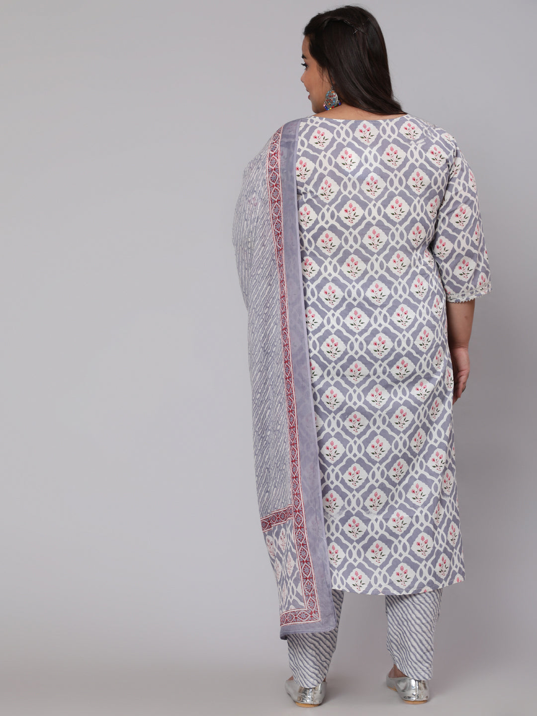 Women Plus Size Grey Ethnic Printed Kurta And Palazzo With Dupatta | LASVINI - Redefining Indian Fashion with Elegance
