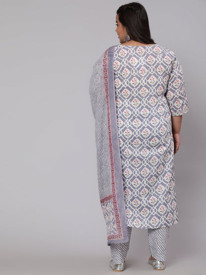Women Plus Size Grey Ethnic Printed Kurta And Palazzo With Dupatta | LASVINI - Redefining Indian Fashion with Elegance