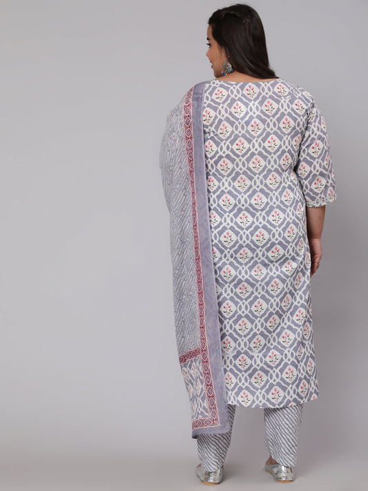 Women Plus Size Grey Ethnic Printed Kurta And Palazzo With Dupatta | LASVINI - Redefining Indian Fashion with Elegance