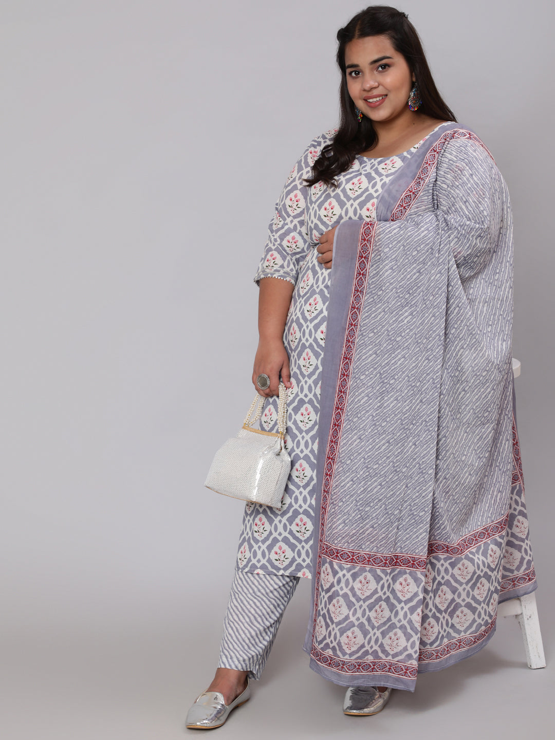 Women Plus Size Grey Ethnic Printed Kurta And Palazzo With Dupatta | LASVINI - Redefining Indian Fashion with Elegance