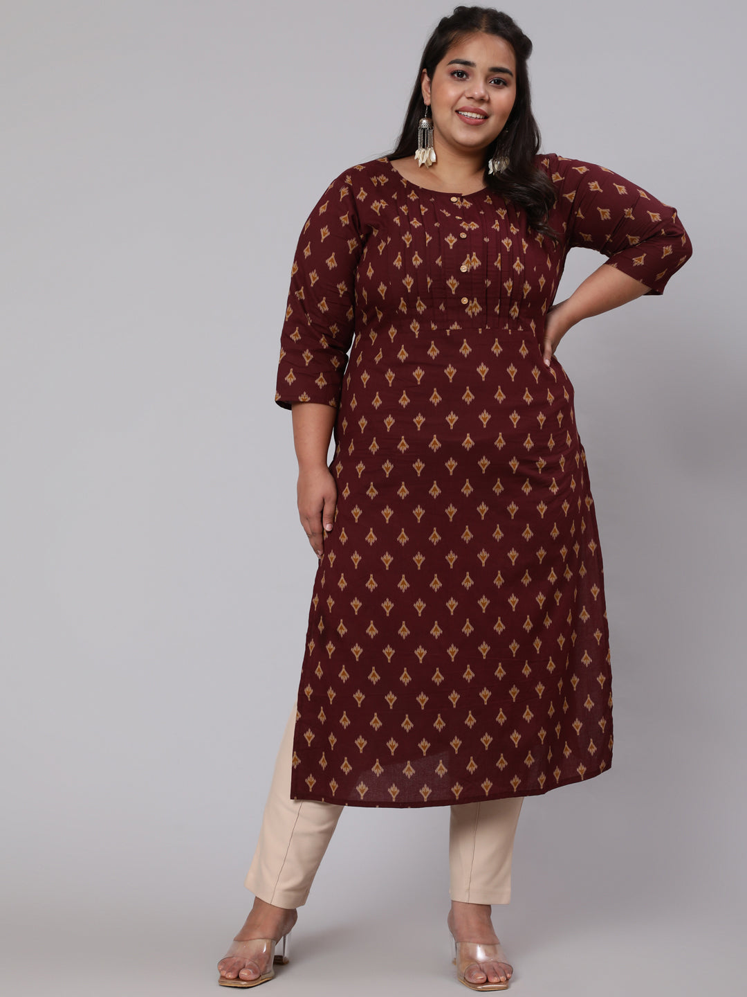 Women Plus Size Burgundy Printed Straight Kurta | LASVINI - Redefining Indian Fashion with Elegance
