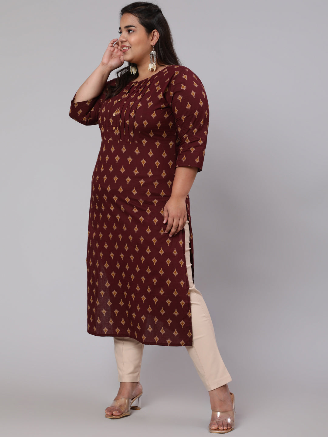 Women Plus Size Burgundy Printed Straight Kurta | LASVINI - Redefining Indian Fashion with Elegance