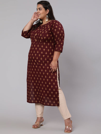 Women Plus Size Burgundy Printed Straight Kurta | LASVINI - Redefining Indian Fashion with Elegance