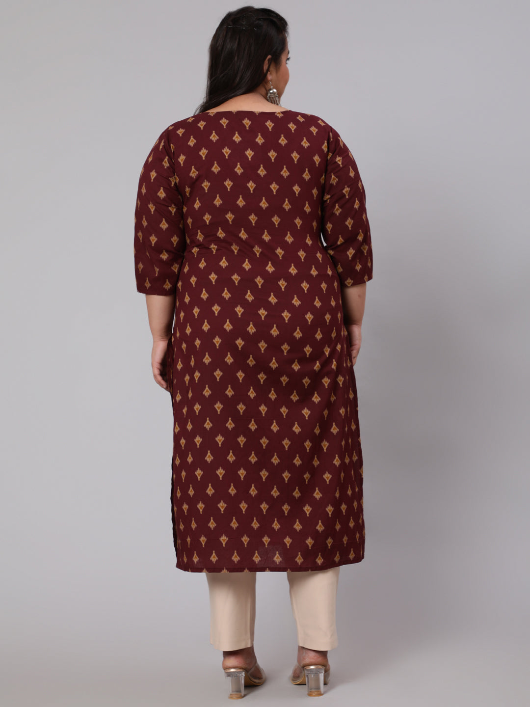 Women Plus Size Burgundy Printed Straight Kurta | LASVINI - Redefining Indian Fashion with Elegance
