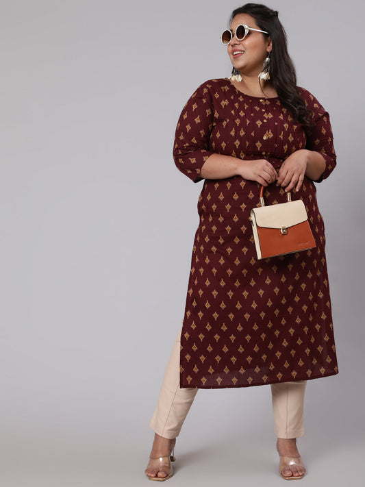Women Plus Size Burgundy Printed Straight Kurta | LASVINI - Redefining Indian Fashion with Elegance