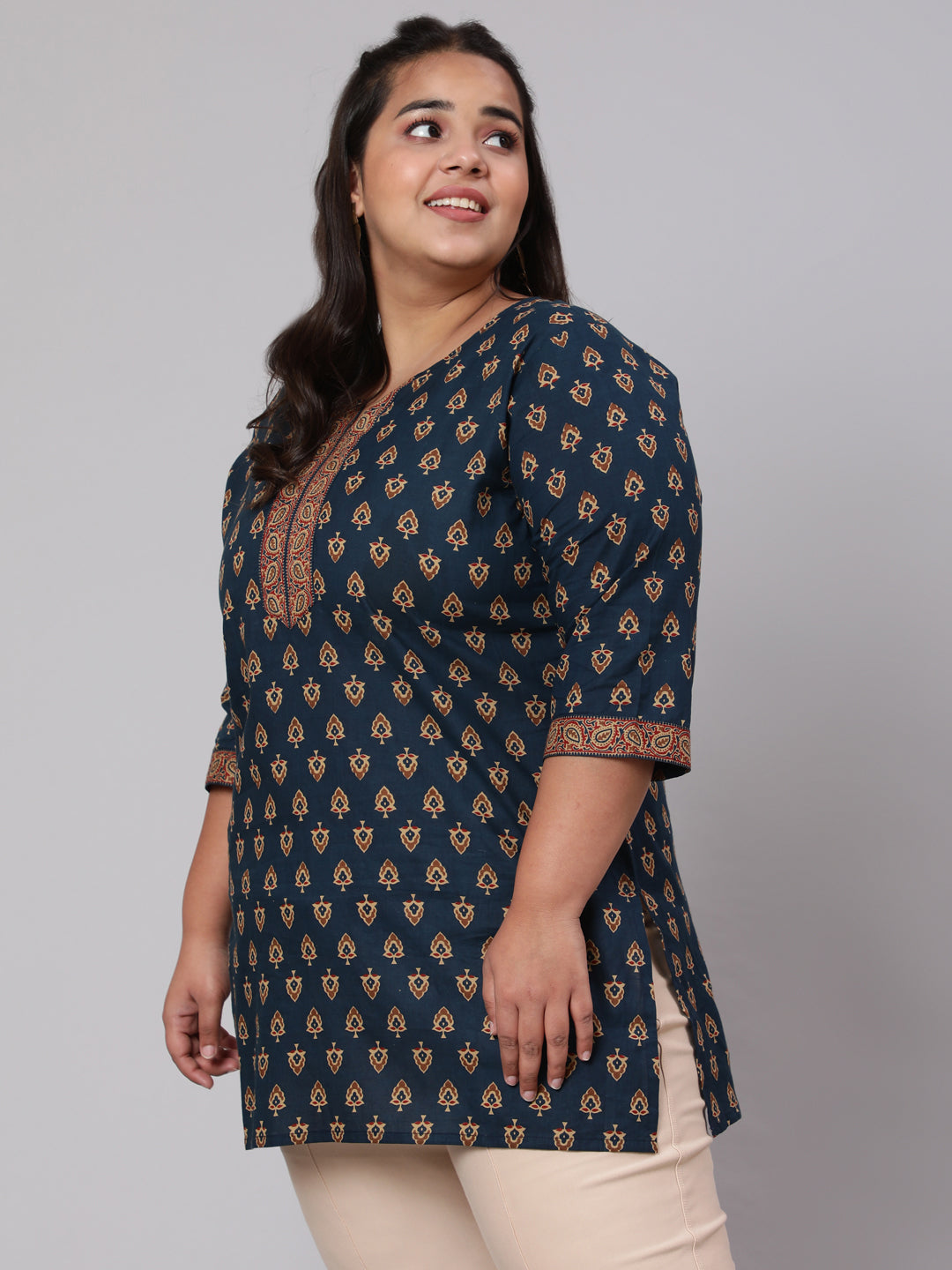 Women Plus Size Navy Blue Tunic With Three Quarter Sleeves | LASVINI - Redefining Indian Fashion with Elegance